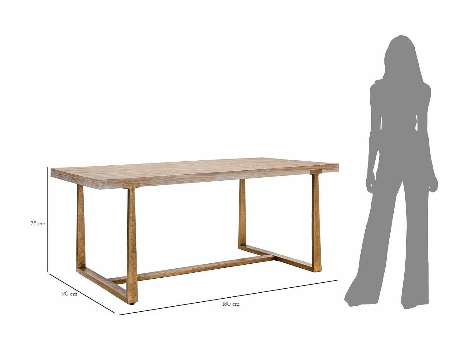 Table fixe Kazimir, Etagère de cuisine, Consolle à manger, Table rectangulaire fixe, Or et Marron, 180x90 h78 cm