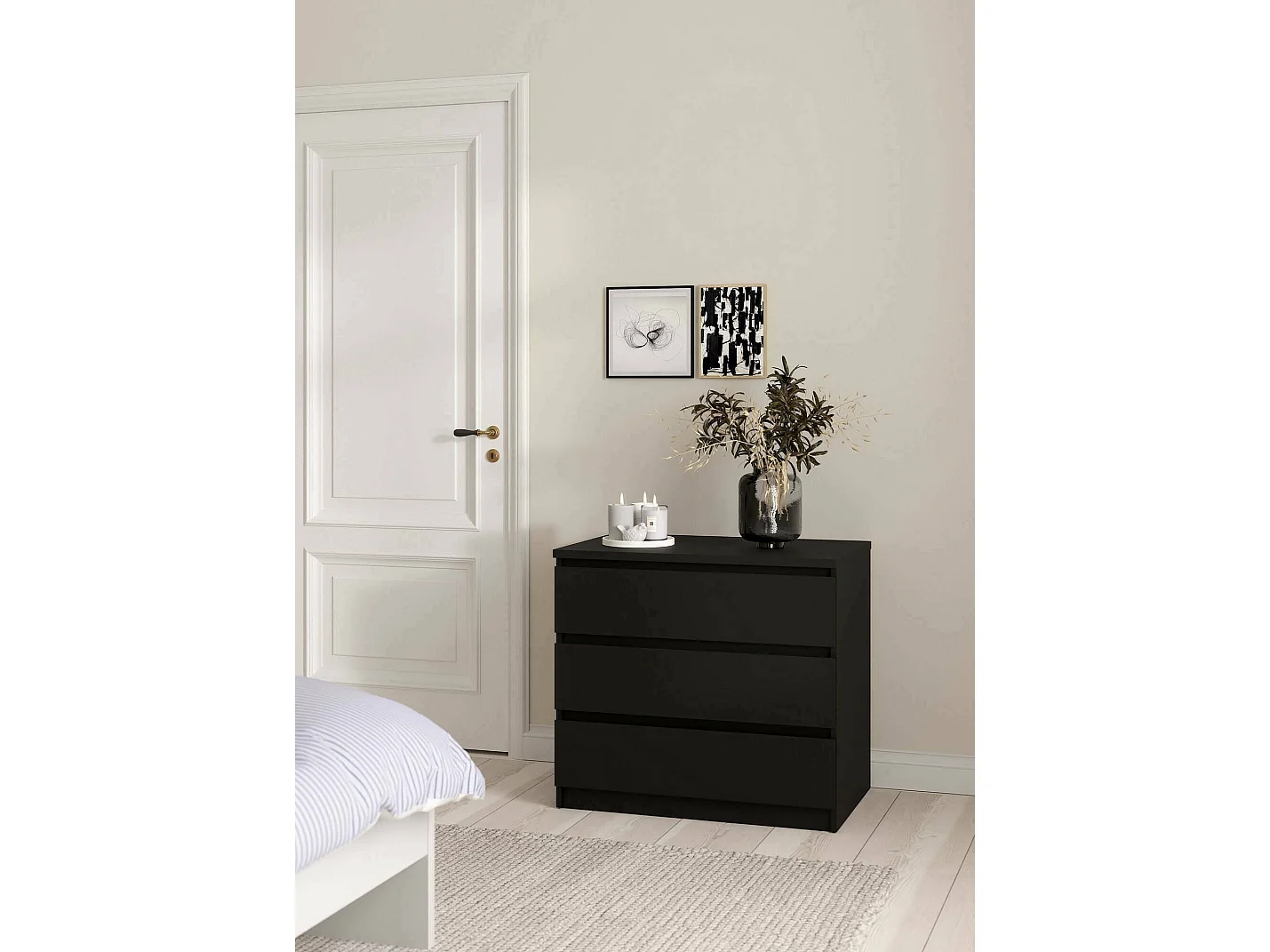 Kommode Artic, Mehrzweckkommode, Schlafzimmerkommode, Schrank mit Schubladen, 77x50 h70 cm, Schwarz
