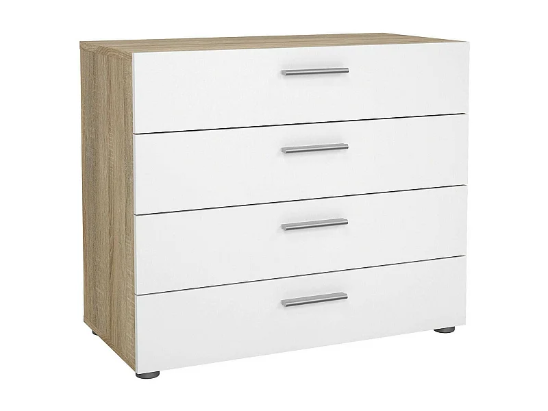 Commode Arwen, Commode polyvalente, Commode de chambre, Meuble avec tiroirs, 80x40 h68 cm, Chêne et Blanc brillant