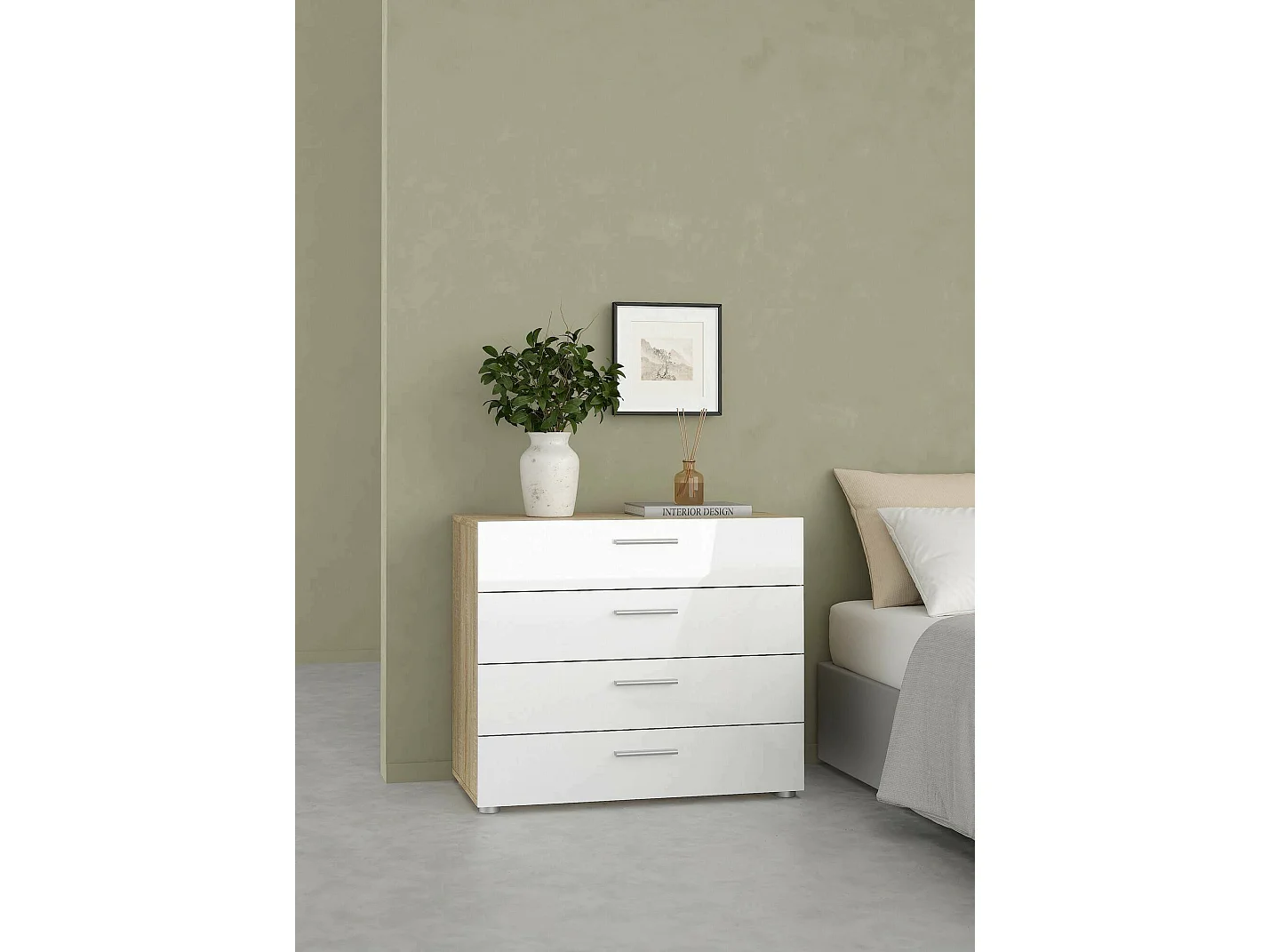 Cajonera Arwen, Cómoda multiusos, Cómoda de dormitorio, Gabinete con cajones, 80x40 h68 cm, Roble y Blanco brillante