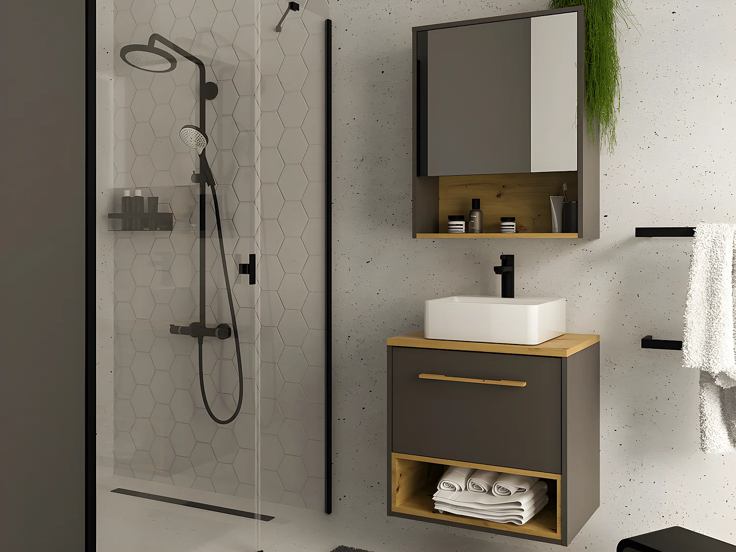 Meuble de salle de bain suspendu anthracite avec vasque à poser et armoire de toilette - 60 cm - YANGRA