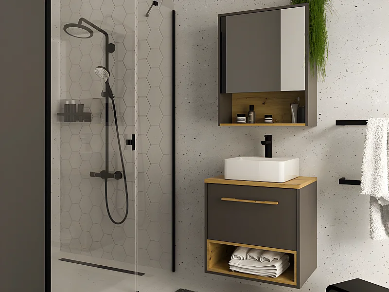 Meuble de salle de bain suspendu anthracite avec vasque à poser et armoire de toilette - 60 cm - YANGRA