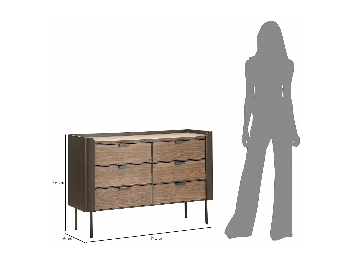 Cómoda Kasten, Cómoda multiusos, Cómoda de quarto, Armário com gavetas, 120x39 h79 cm, Cinza e Castanho