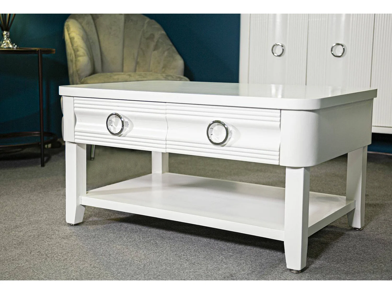 Mesa de café Taylor, Mesa de centro baja, Revistero para sofá, Estante de la sala de estar, 90x60 h47 cm, Blanco