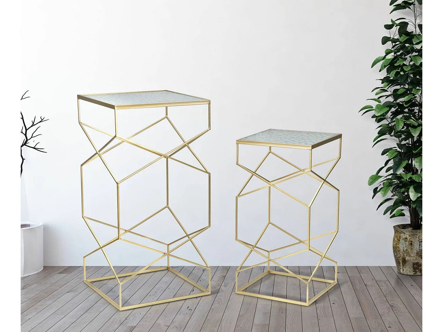 Table basse George, Table basse, Porte-revues pour canapé, Etagère de salon, Or, 50x50 h100 cm