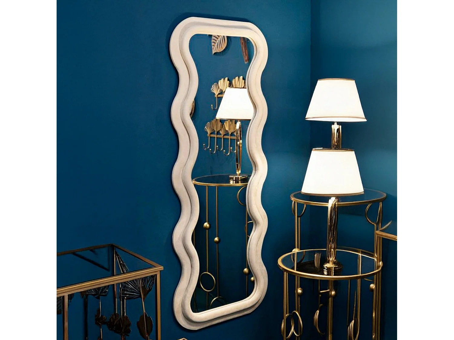 Miroir Allen, Verre miroité, Objet d'ameublement mural, Décoration avec miroir, 60x6 h160 cm, Crème