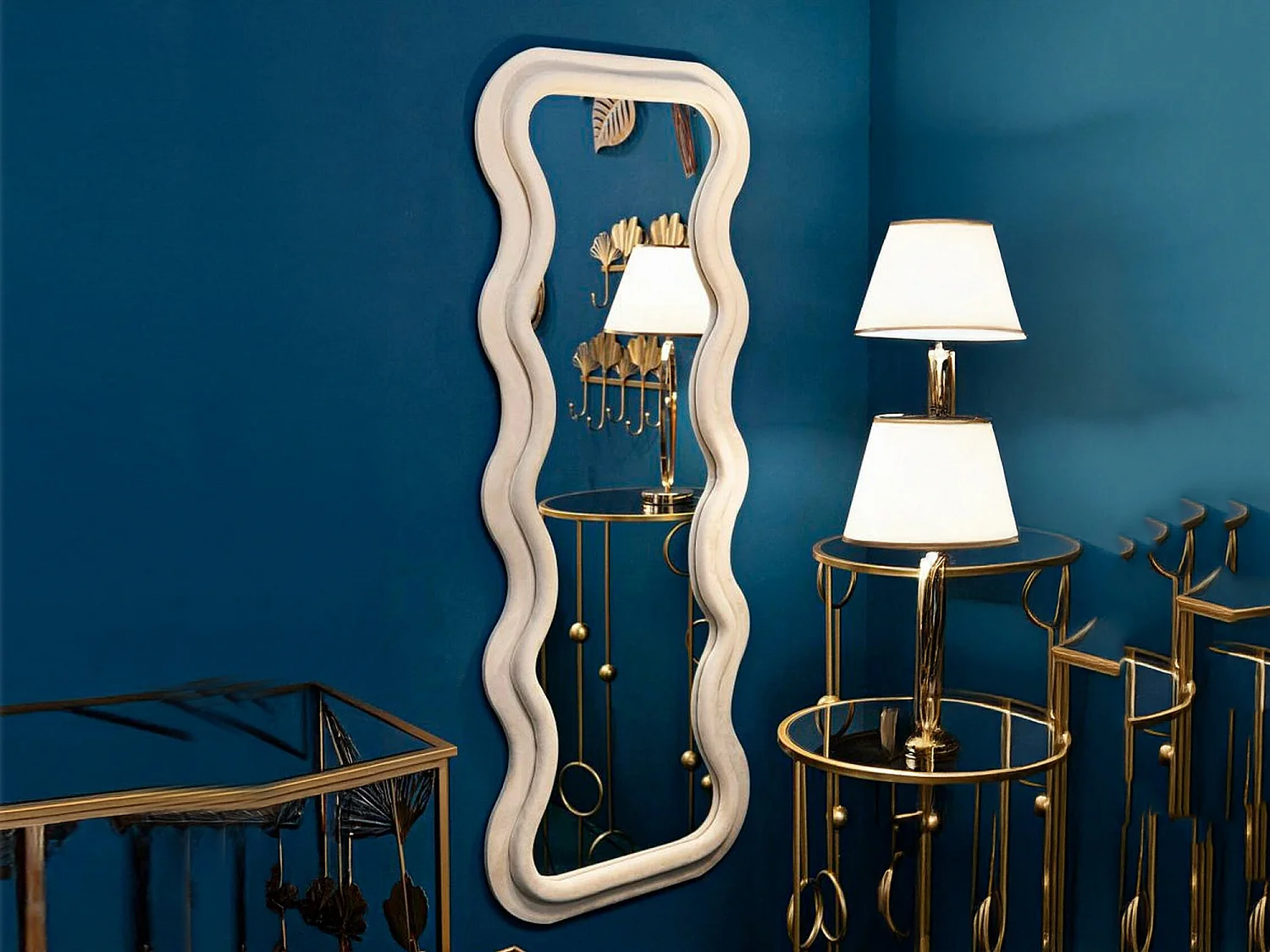 Miroir Allen, Verre miroité, Objet d'ameublement mural, Décoration avec miroir, 60x6 h160 cm, Crème