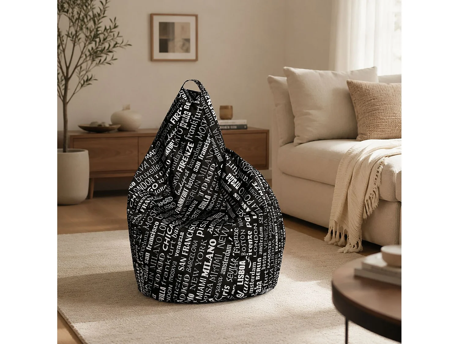 Pouf Marisa, Fauteuil polyvalent, Chaise sac, Pouf repose-pieds, Made in Italy, 80x80 h120 cm, Noir et Blanc
