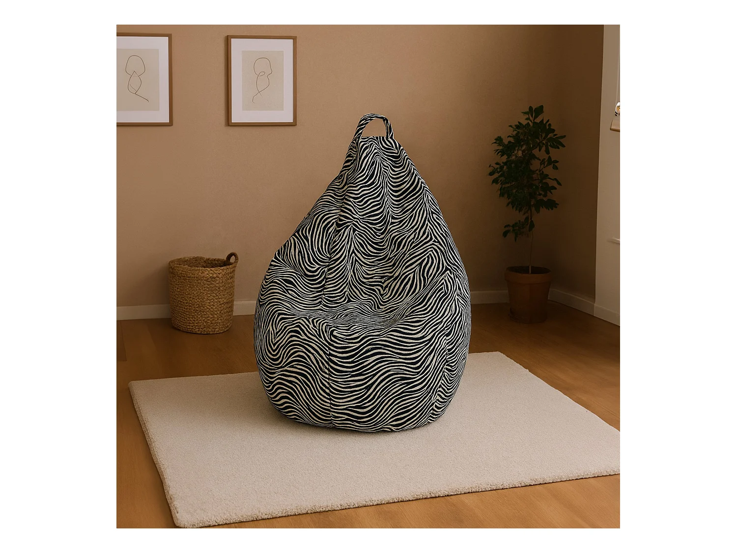 Pouf Maristella, Fauteuil polyvalent, Chaise sac, Pouf repose-pieds, Made in Italy, 80x80 h120 cm, Noir et Blanc, Motif zébré