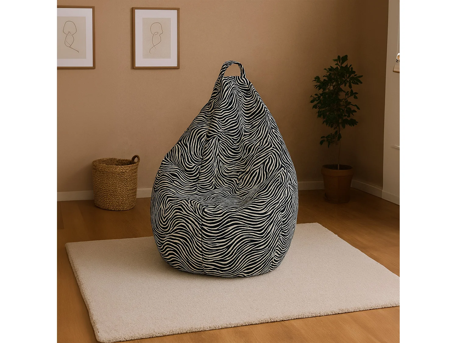 Pouf Maristella, Mehrzwecksessel, Sitzsack, Hockerhocker, Made in Italy, 80x80 h120 cm, Schwarz und WeiÃŸ, Zebramuster