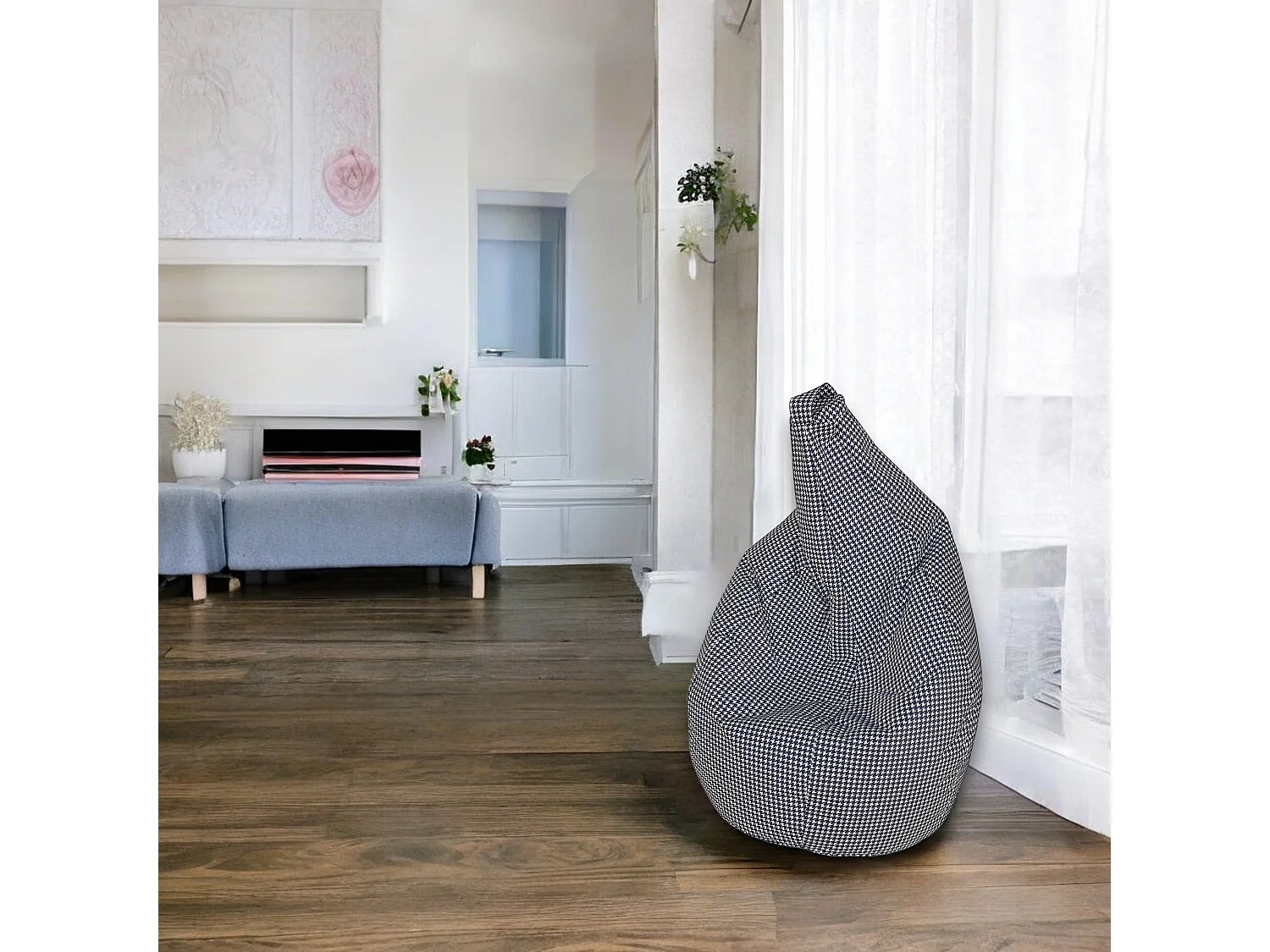 Pouf Maristella, Mehrzwecksessel, Sitzsack, Hockerhocker, Made in Italy, 80x80 h120 cm, Schwarz und WeiÃŸ, Hahnentritt klein
