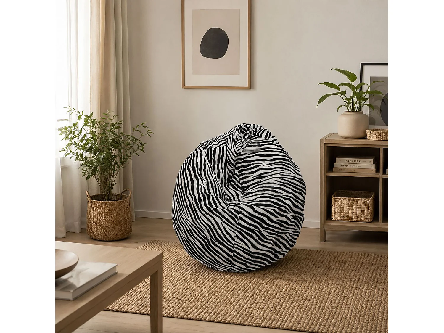 Pouf Lorenza, Fauteuil polyvalent, Chaise sac, Pouf repose-pieds, Made in Italy, 80x80 h120 cm, Noir et Blanc, Motif zébré