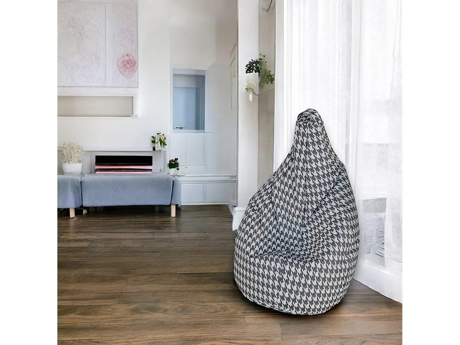 Pouf Maristella, Mehrzwecksessel, Sitzsack, Hockerhocker, Made in Italy, 80x80 h120 cm, Schwarz und WeiÃŸ, GroÃŸer Hahnentritt