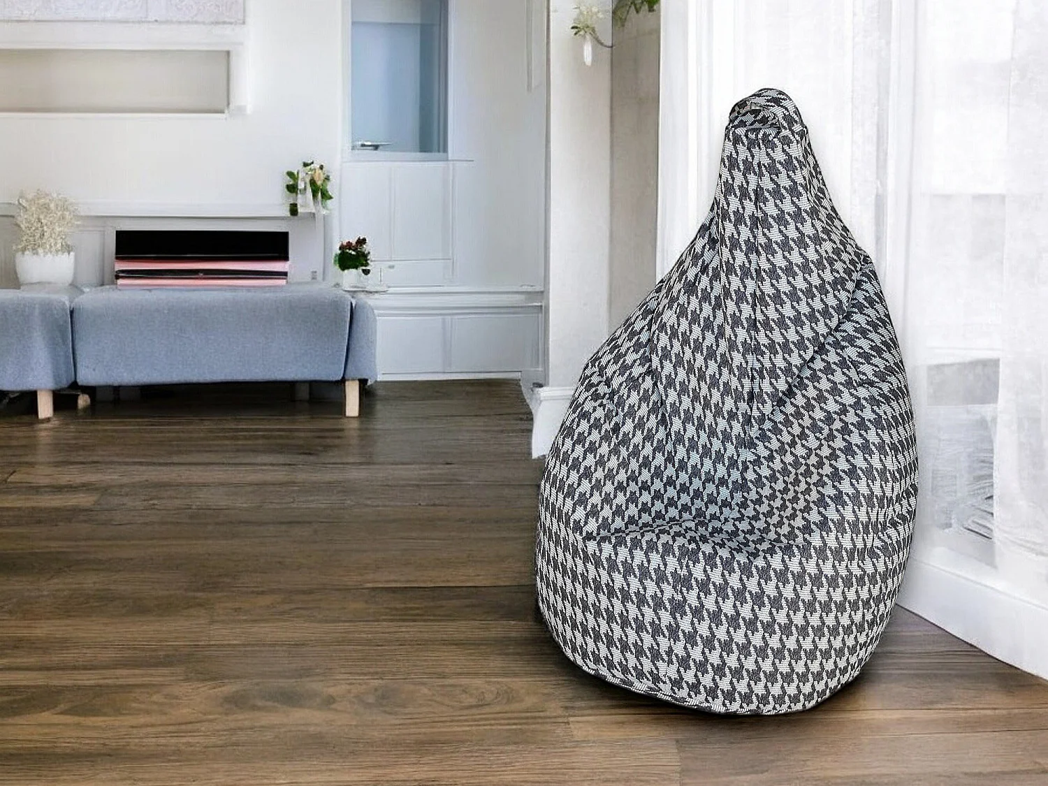 Pouf Maristella, Mehrzwecksessel, Sitzsack, Hockerhocker, Made in Italy, 80x80 h120 cm, Schwarz und WeiÃŸ, GroÃŸer Hahnentritt