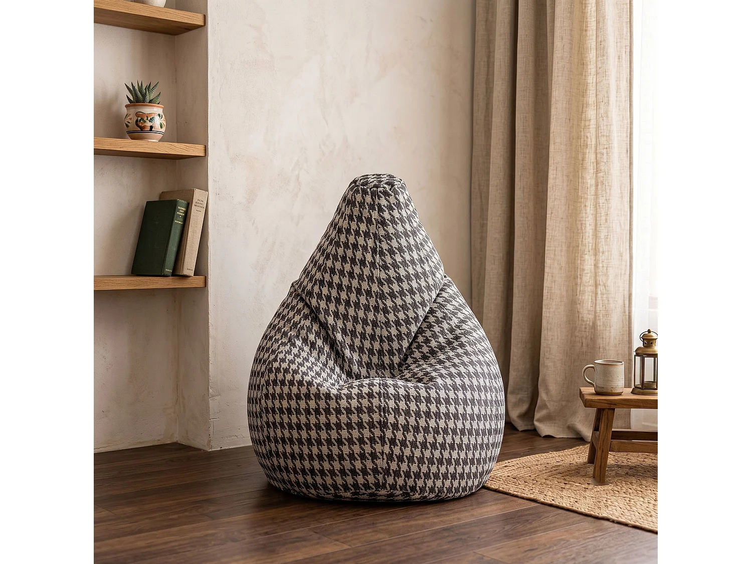 Pouf Maristella, Fauteuil polyvalent, Chaise sac, Pouf repose-pieds, Made in Italy, 80x80 h120 cm, Noir et Blanc, Grand pied-de-poule