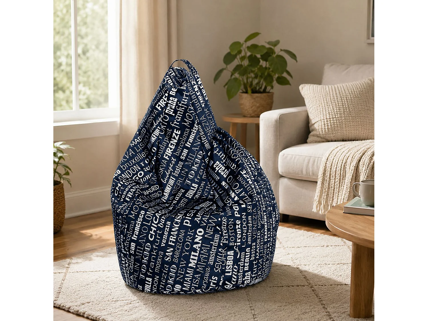 Pouf Marisa, Fauteuil polyvalent, Chaise sac, Pouf repose-pieds, Made in Italy, 80x80 h120 cm, Bleu et blanc