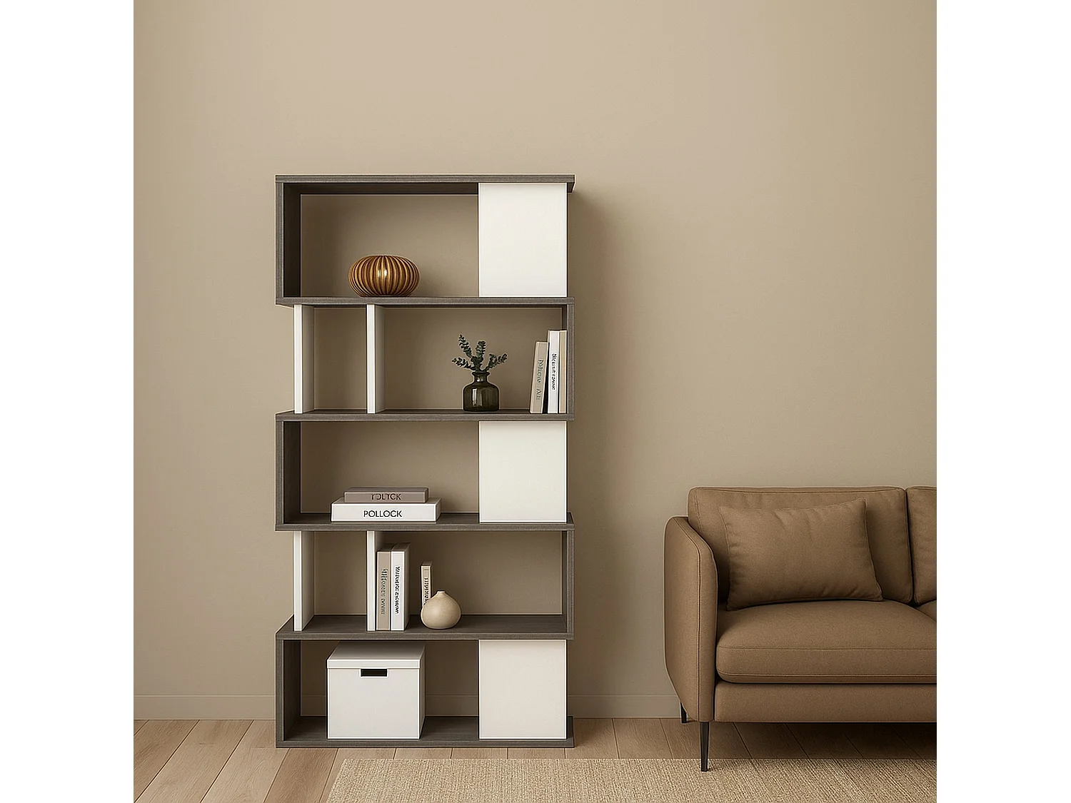 Bibliothèque Arg, Etagère de bureau, Porte-livre mobile, Librairie, 80x30 h175 cm, Ciment et blanc