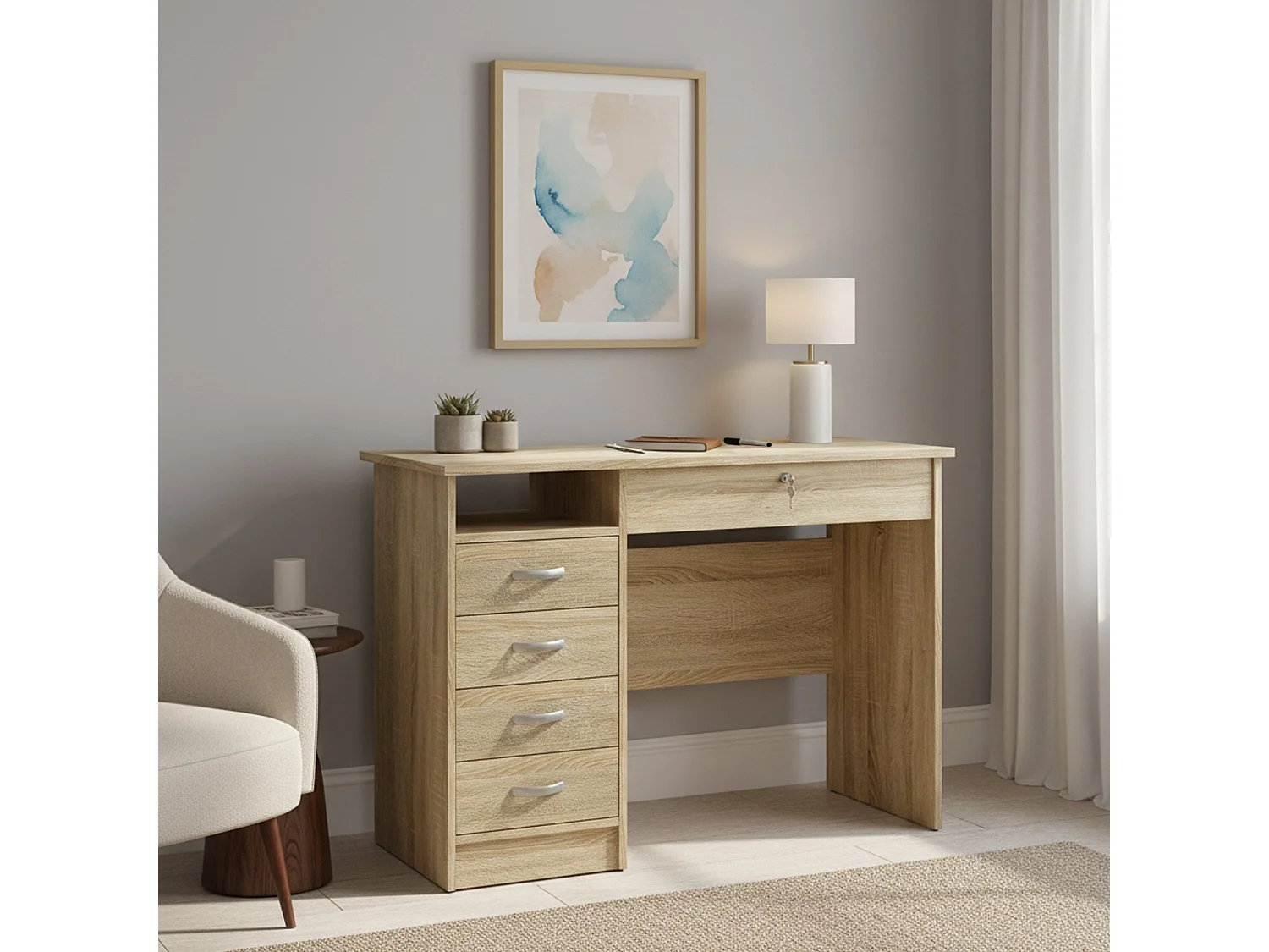 Bureau Amor, Pupitre polyvalent, Table de bureau pour PC, Plan de travail, 109x49 h76 cm, Chêne