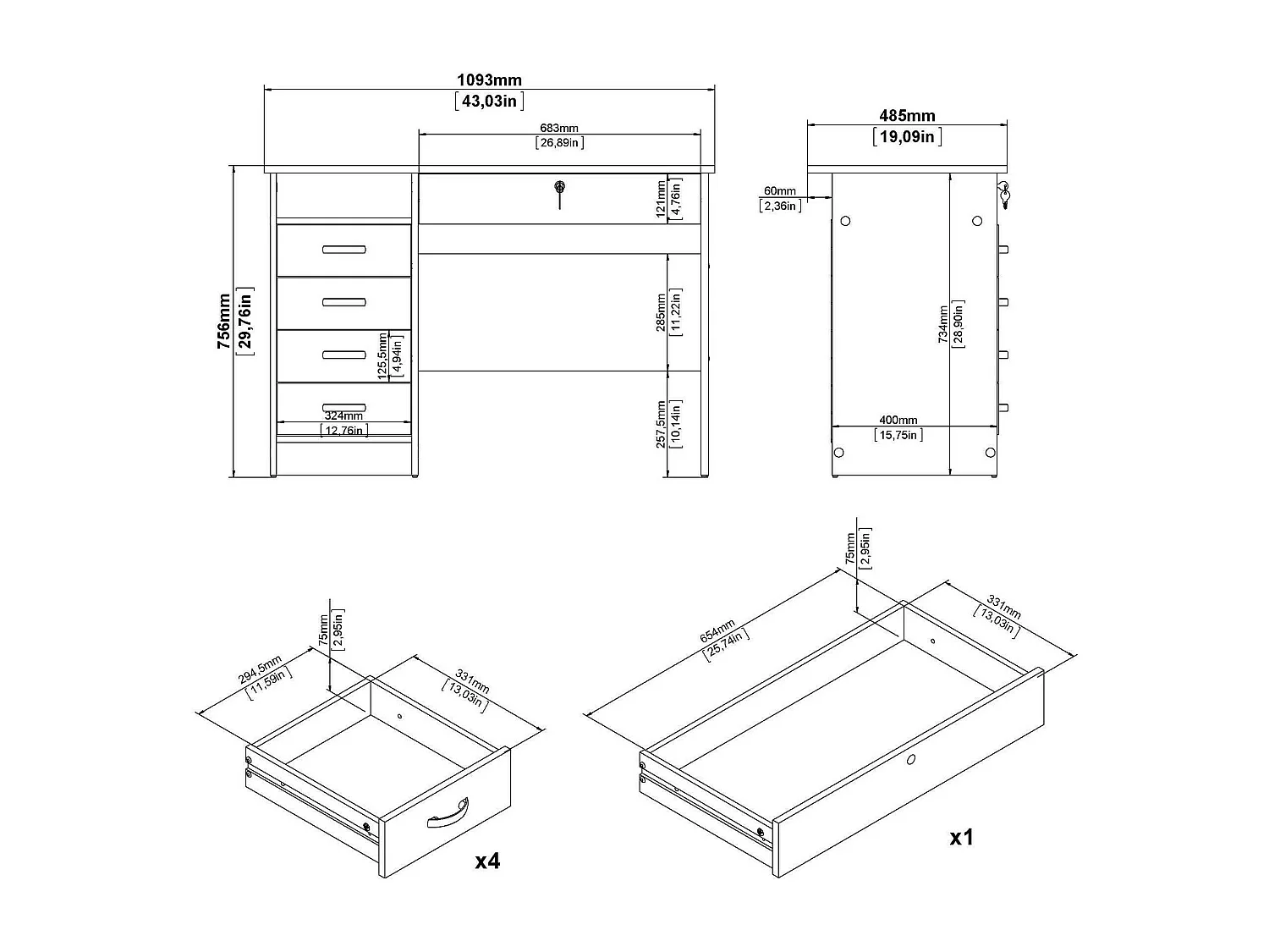 Amor bureau, Multifunctioneel bureau, PC-houder kantoortafel, Werkblad, 109x48 h75 cm, Wit