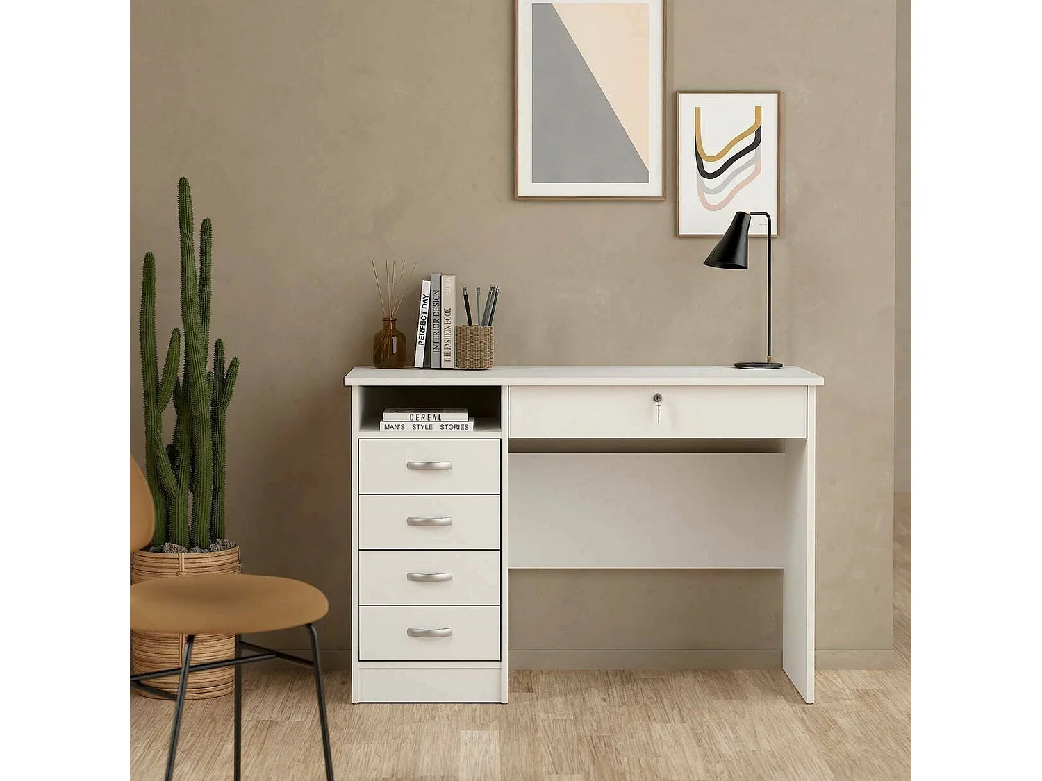 Bureau Amor, Pupitre polyvalent, Table de bureau pour PC, Plan de travail, 109x48 h75 cm, Blanc