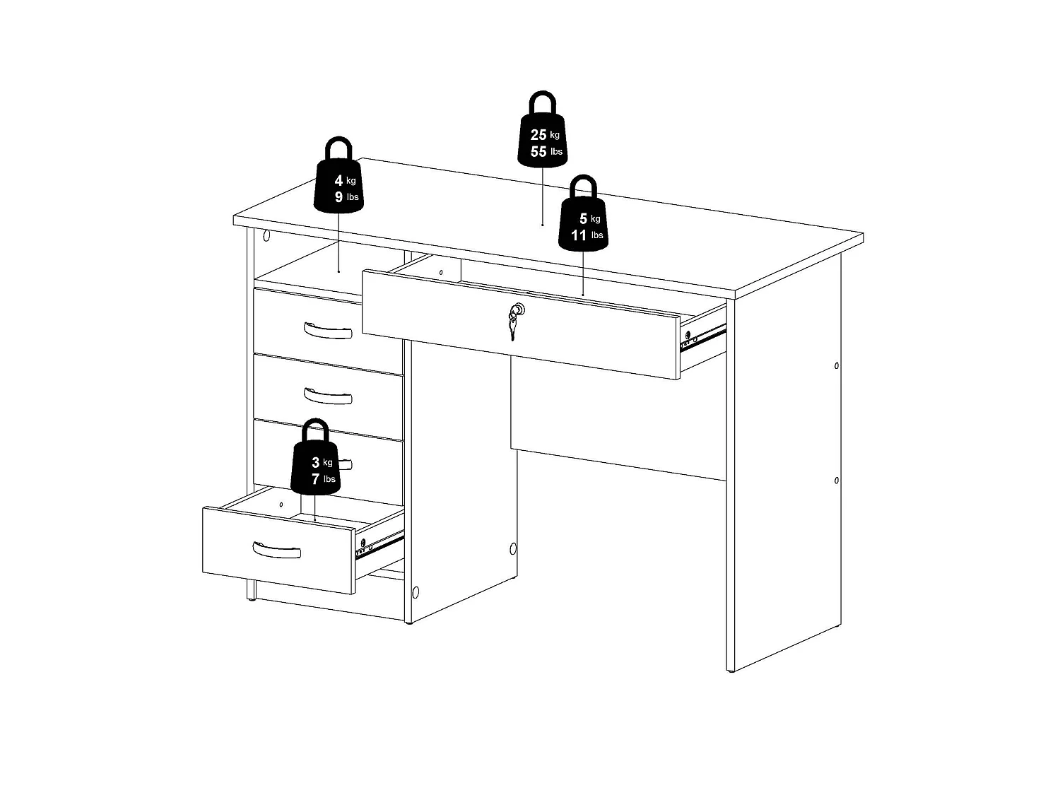 Amor bureau, Multifunctioneel bureau, PC-houder kantoortafel, Werkblad, 109x48 h75 cm, Wit