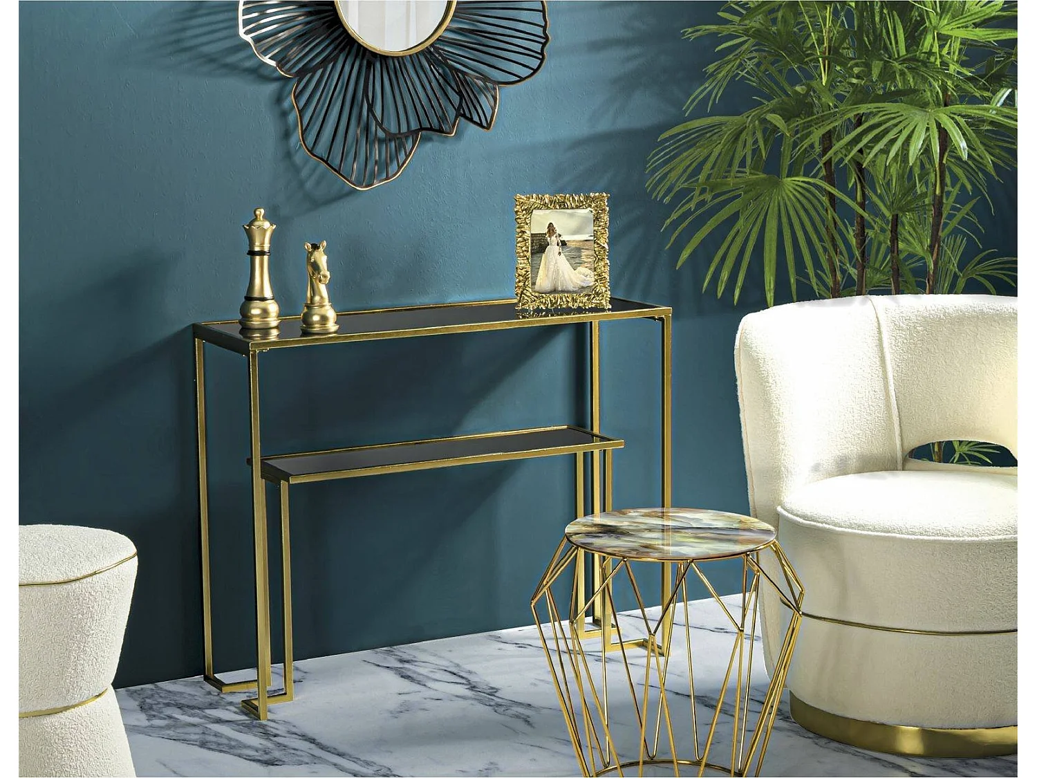 Console Jackson, Table polyvalente, Armoire de rangement, Bureau du couloir, 100x35 h80 cm, Or