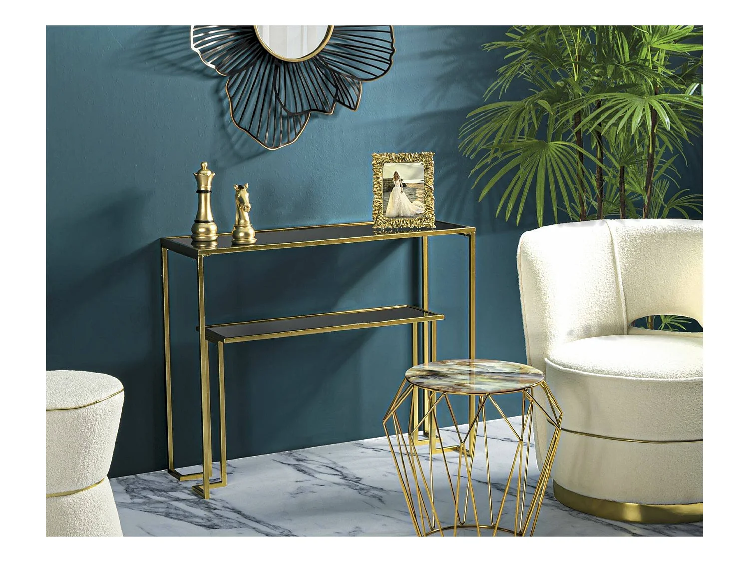 Console Jackson, Table polyvalente, Armoire de rangement, Bureau du couloir, 100x35 h80 cm, Or