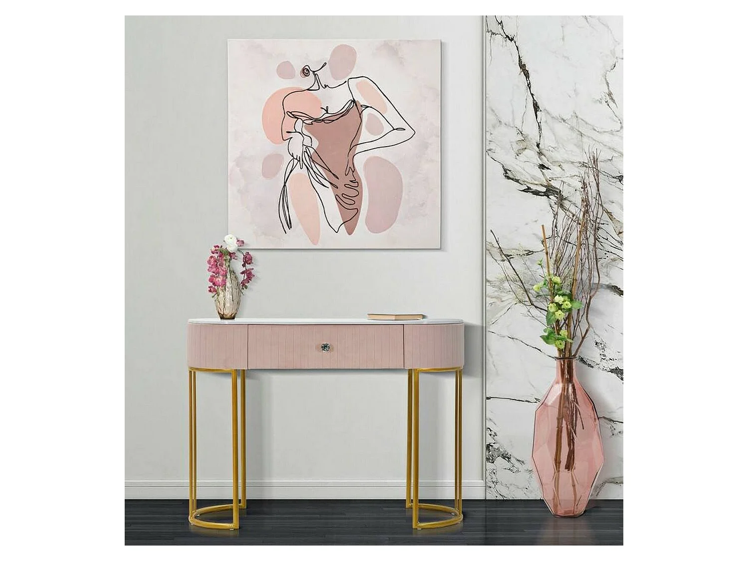 Console AbstraktesÂ , Table polyvalente, Armoire de rangement, Bureau du couloir, 100x40 h75 cm, Rose et Blanc