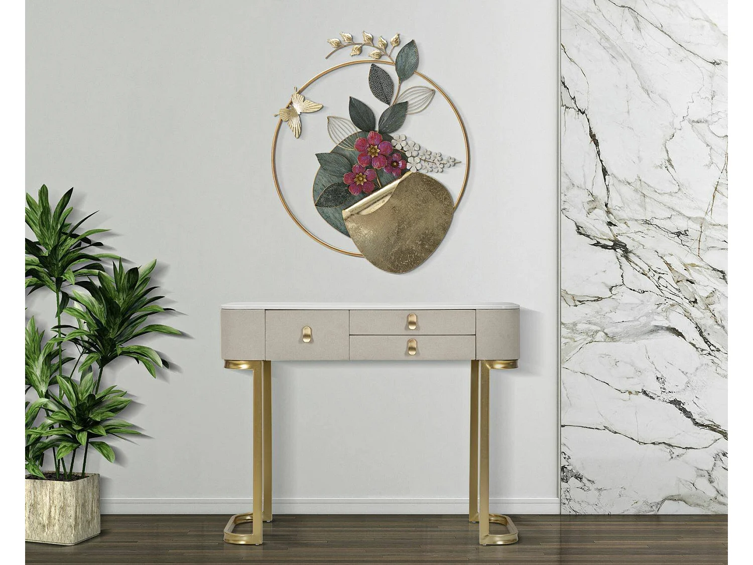 Console Ronda, Table polyvalente, Armoire de rangement, Bureau du couloir, Crème et Or, 100x40 h80 cm