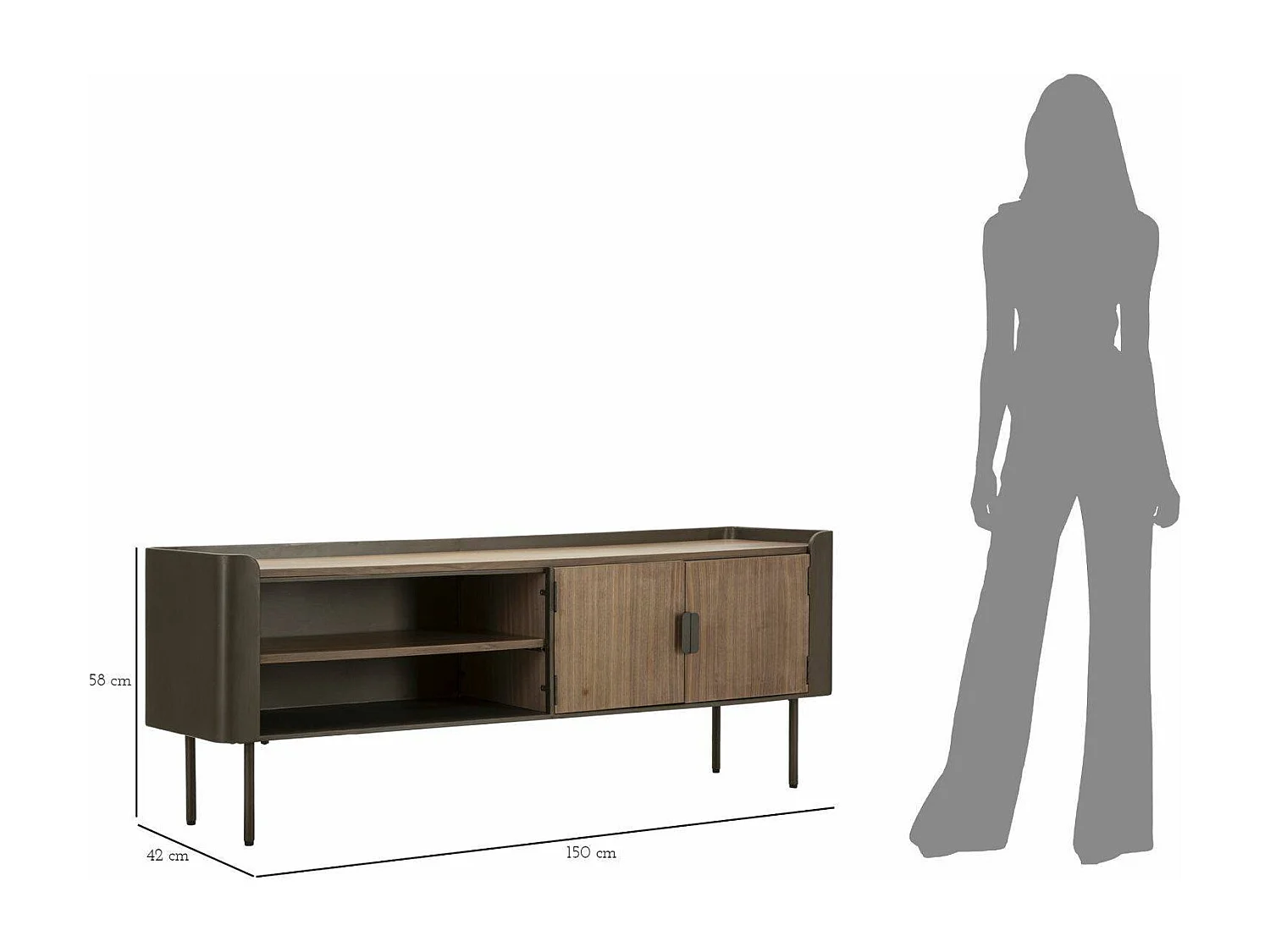 Meuble TV Cannon, Buffet de salon, Armoire basse pour TV, Base murale de rangement, 150x42 h58 cm, Gris et marron