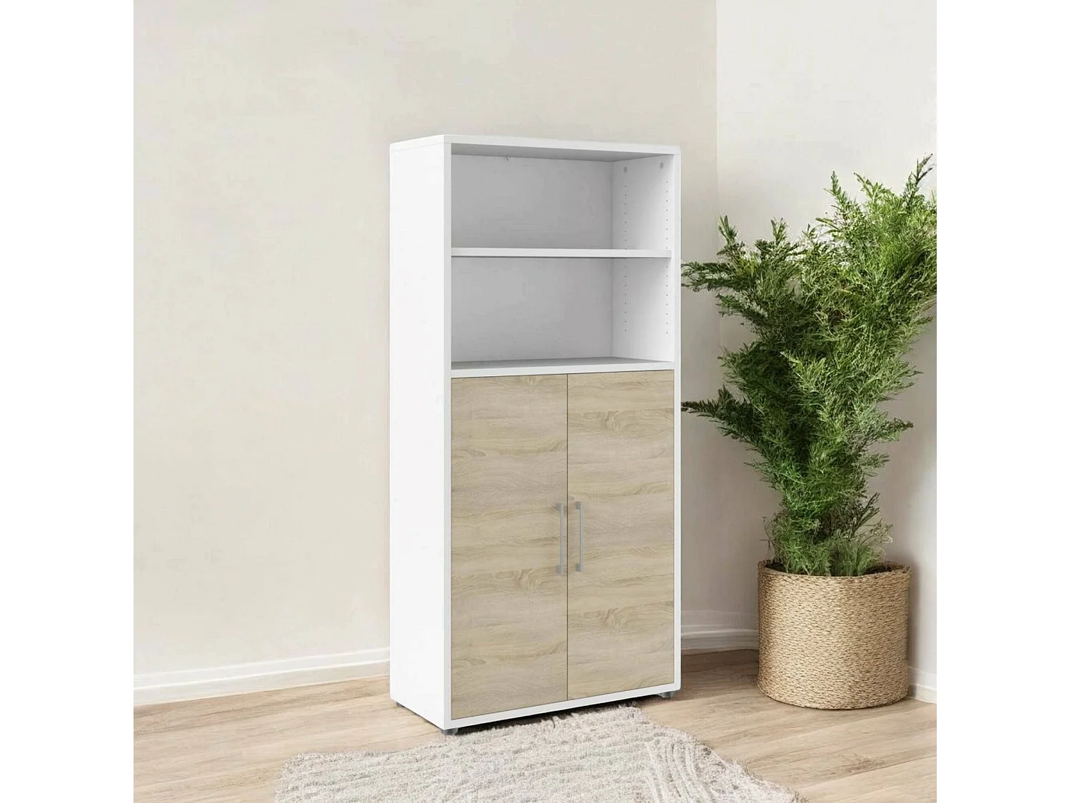 Saotome dressoir, Woonkamerbuffet, Woonkamerdressoir, Keukenkast, 89x40 h186 cm, Wit en Eiken