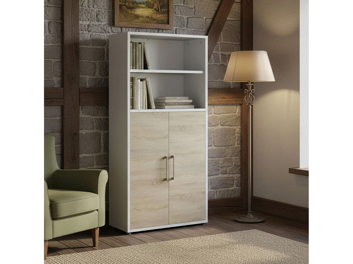 Buffet Saotome, Buffet du salon, Commode de salon, Garde-manger de cuisine, 89x40 h186 cm, Blanc et chêne