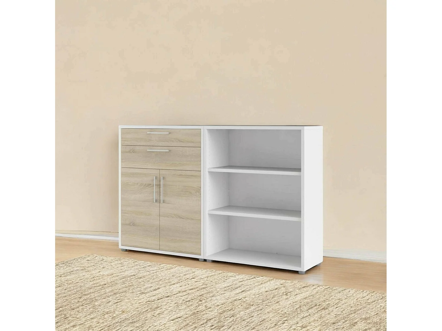 Buffet Albinea, Buffet du salon, Commode de salon, Garde-manger de cuisine, 178x40 h113 cm, Blanc et chêne