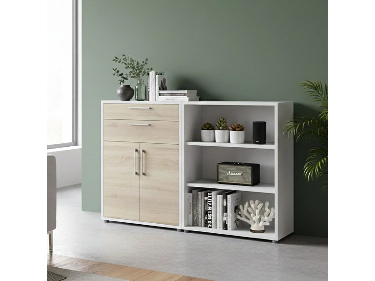 Buffet Albinea, Buffet du salon, Commode de salon, Garde-manger de cuisine, 178x40 h113 cm, Blanc et chêne