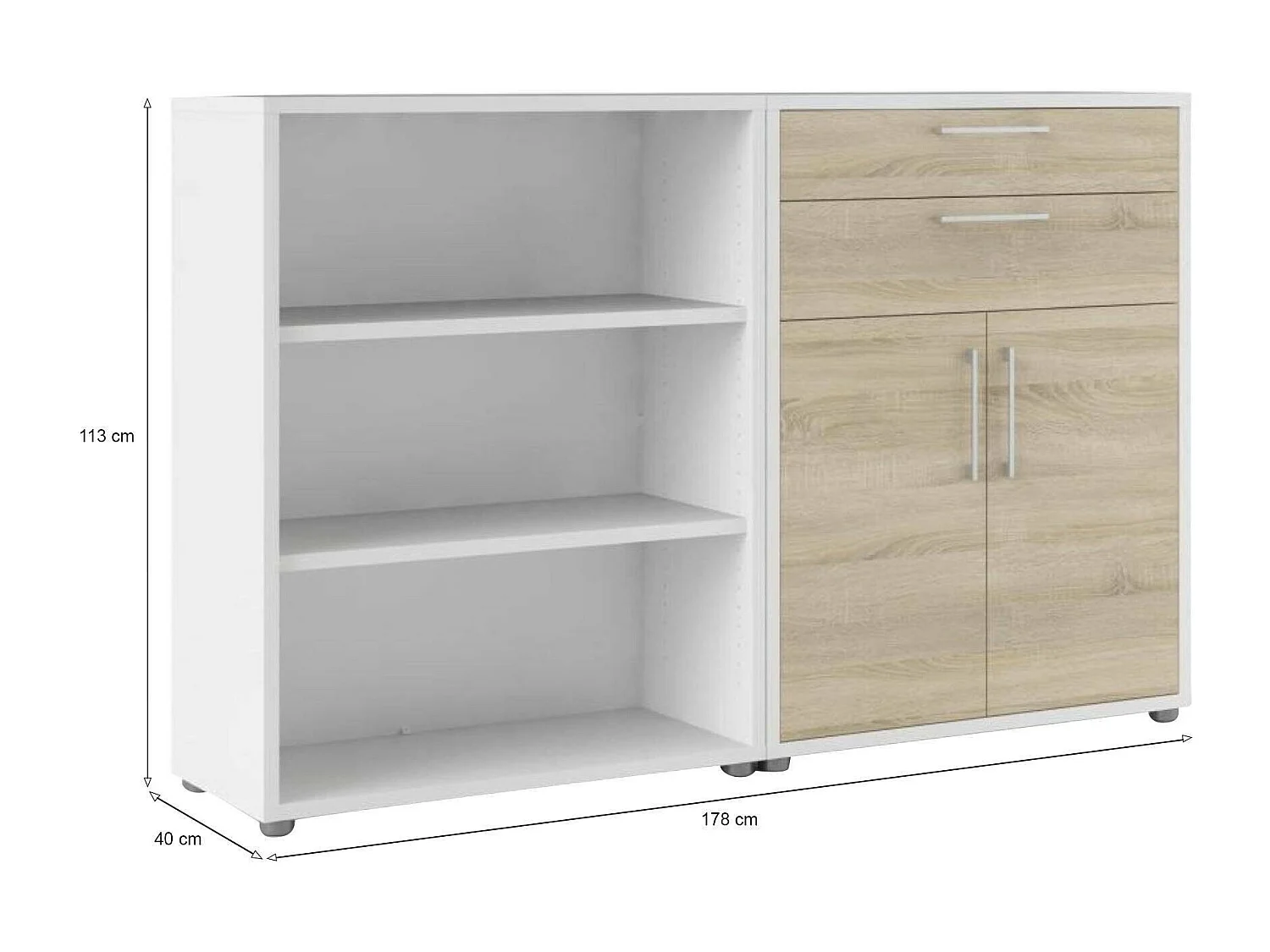 Buffet Albinea, Buffet du salon, Commode de salon, Garde-manger de cuisine, 178x40 h113 cm, Blanc et chêne