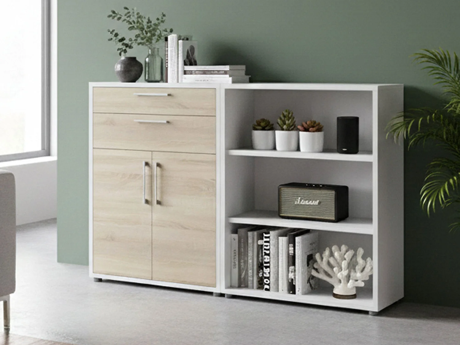 Albinea dressoir, Woonkamerbuffet, Woonkamerdressoir, Keukenkast, 178x40 h113 cm, Wit en Eiken