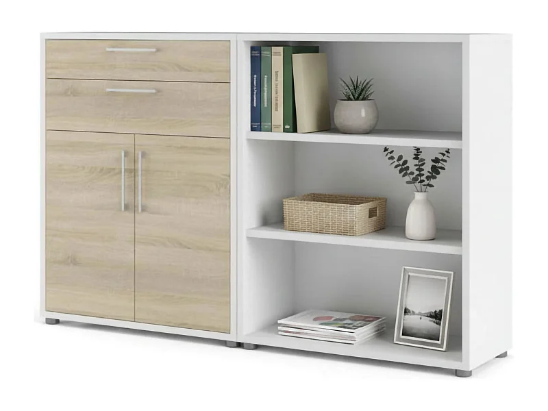 Buffet Albinea, Buffet du salon, Commode de salon, Garde-manger de cuisine, 178x40 h113 cm, Blanc et chêne