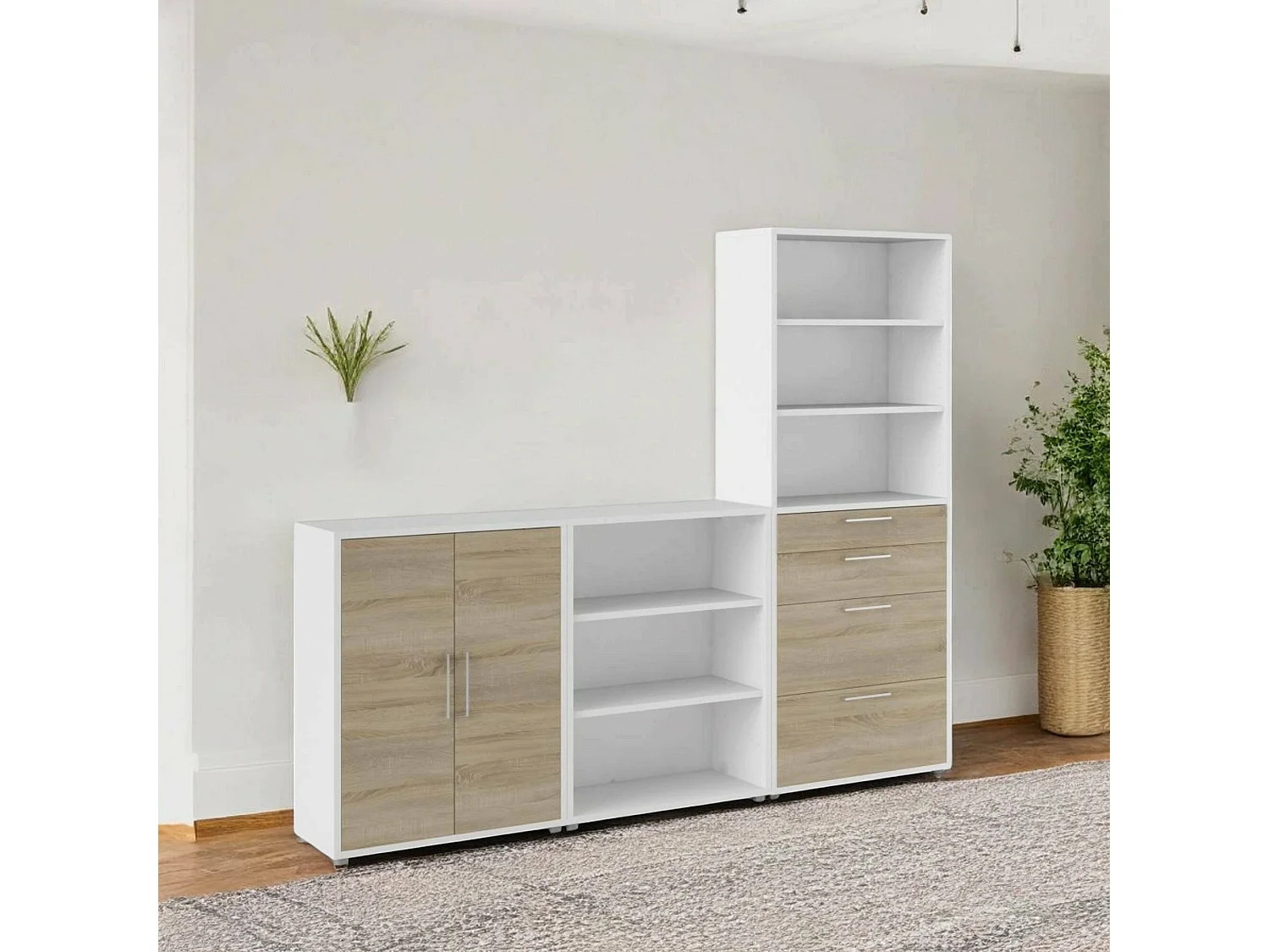 Acceglio dressoir, Woonkamerbuffet, Woonkamerdressoir, Keukenkast, 267x40 h222 cm, Wit en Eiken