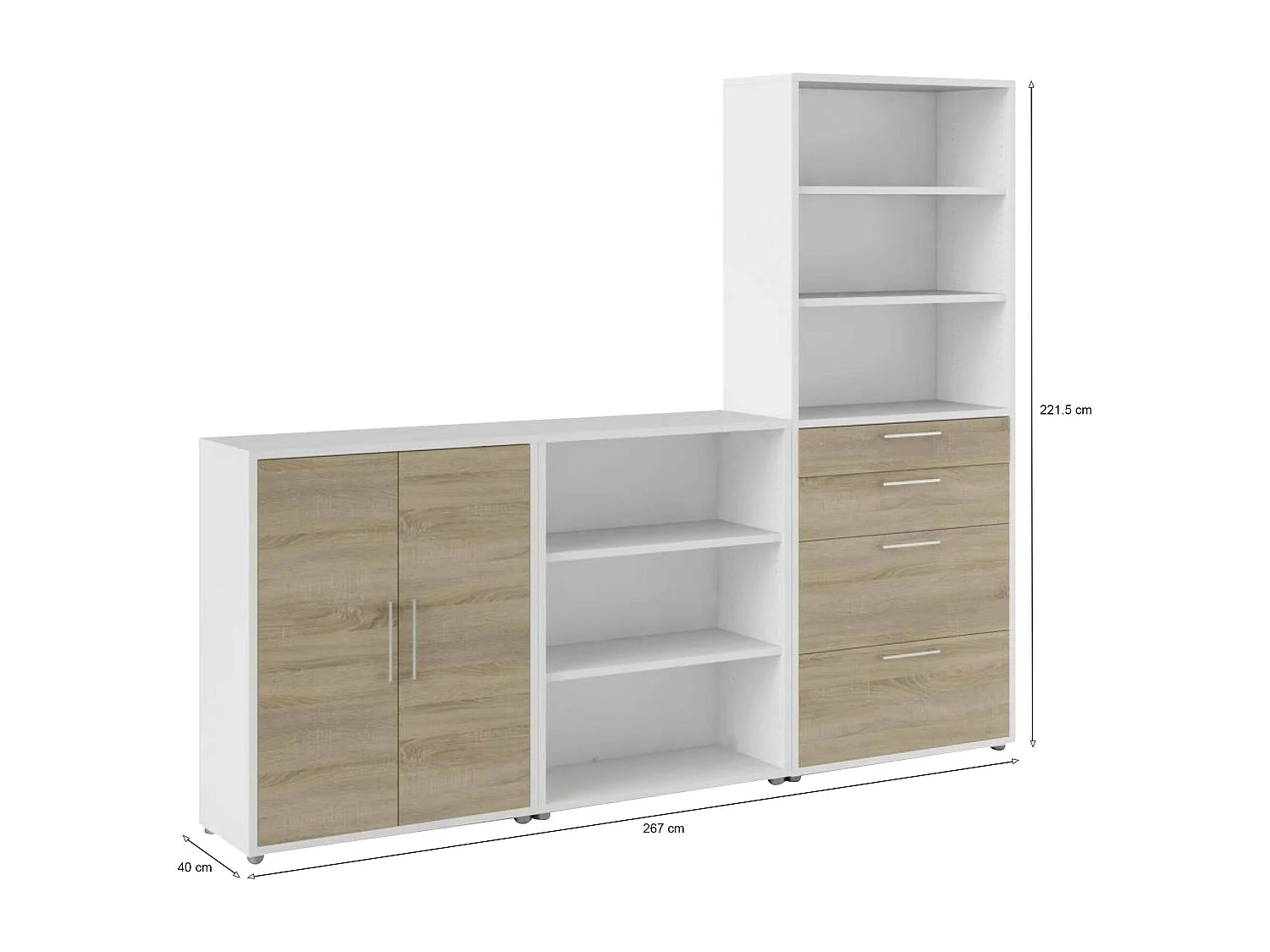 Acceglio dressoir, Woonkamerbuffet, Woonkamerdressoir, Keukenkast, 267x40 h222 cm, Wit en Eiken
