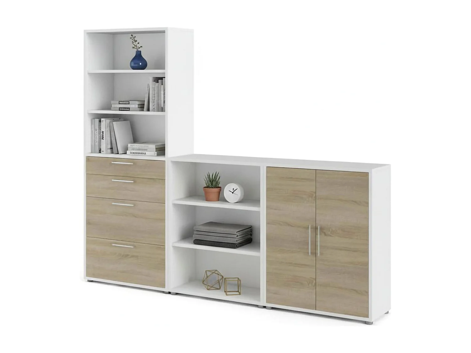 Buffet Acceglio, Buffet du salon, Commode de salon, Garde-manger de cuisine, 267x40 h222 cm, Blanc et chêne