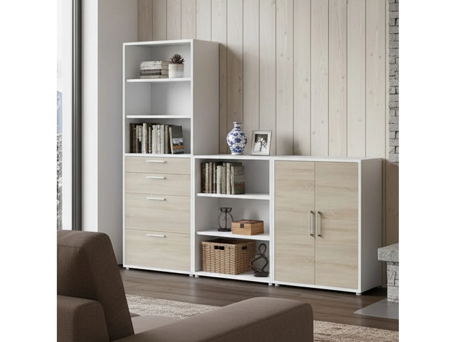 Buffet Acceglio, Buffet du salon, Commode de salon, Garde-manger de cuisine, 267x40 h222 cm, Blanc et chêne