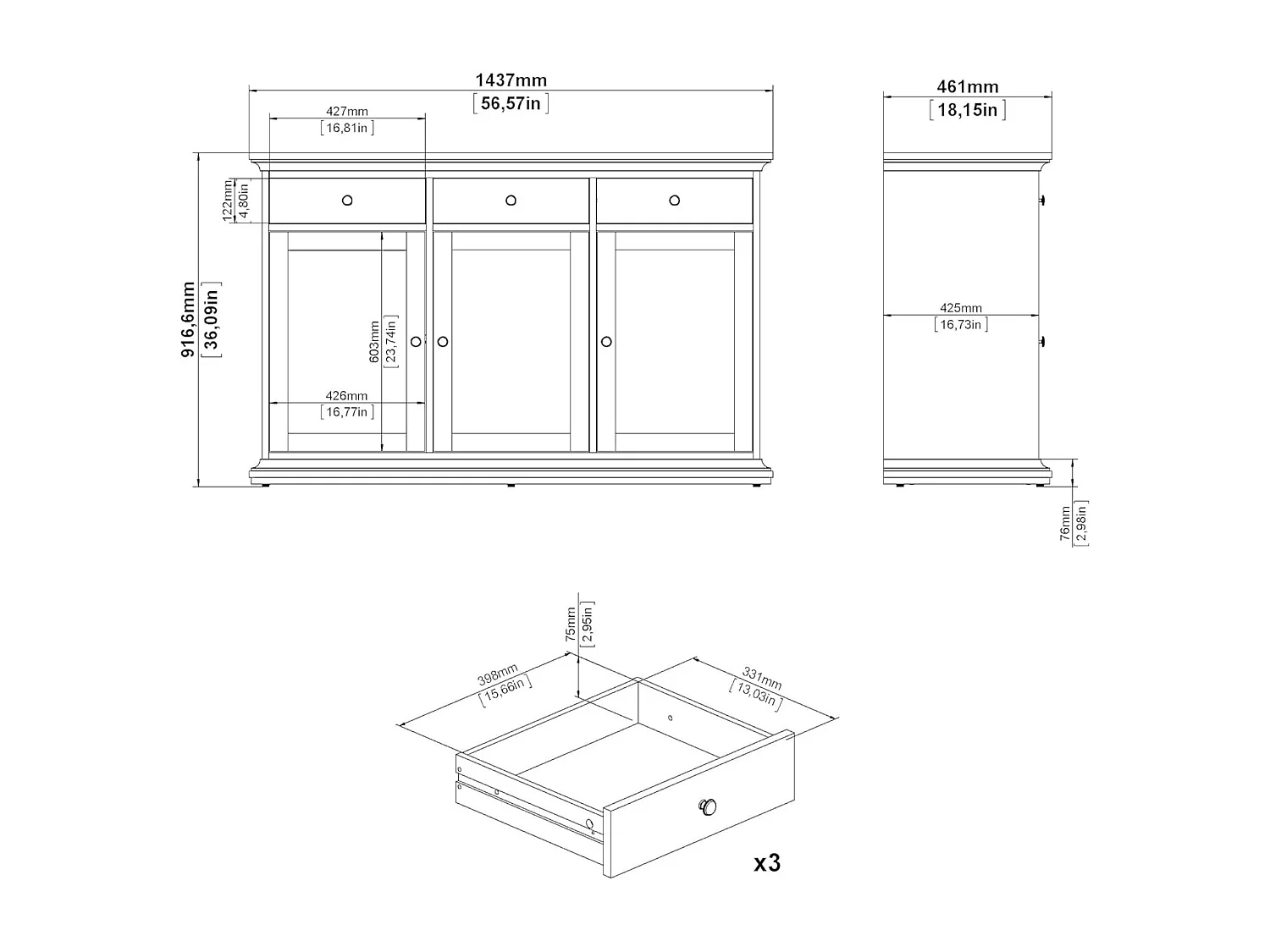 Asola dressoir, Woonkamerbuffet, Woonkamerdressoir, Keukenkast, 144x46 h92 cm, Wit