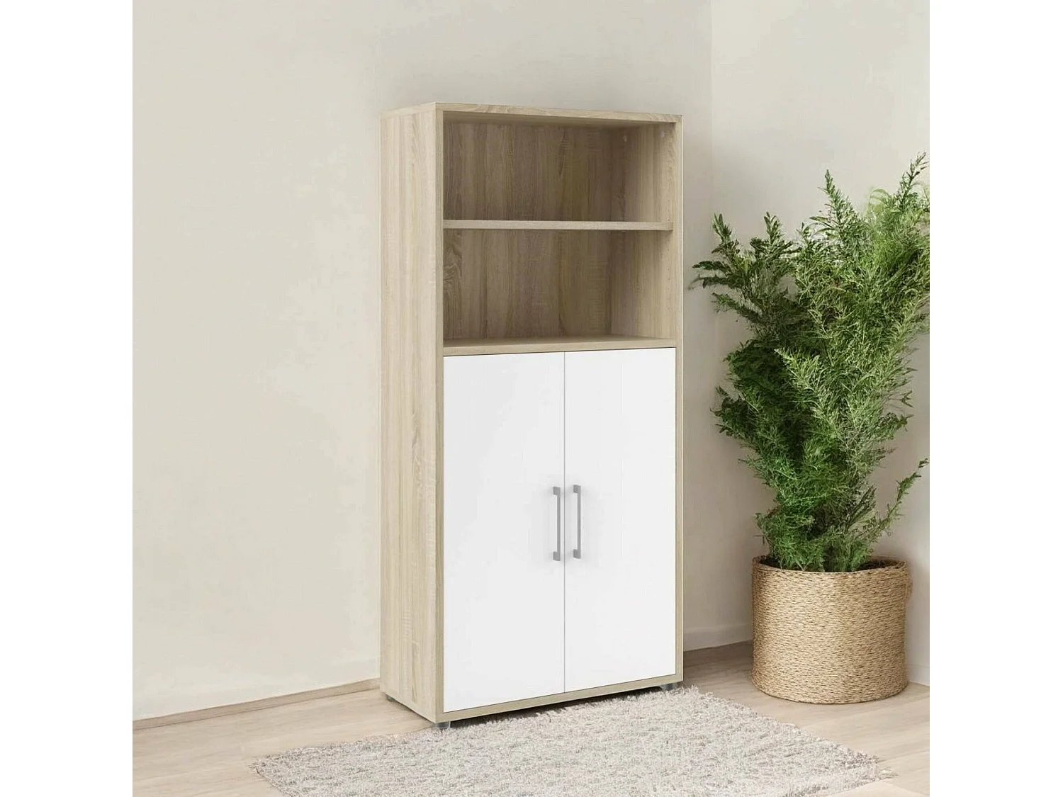 Buffet Saotome, Buffet du salon, Commode de salon, Garde-manger de cuisine, 89x40 h186 cm, Chêne et Blanc