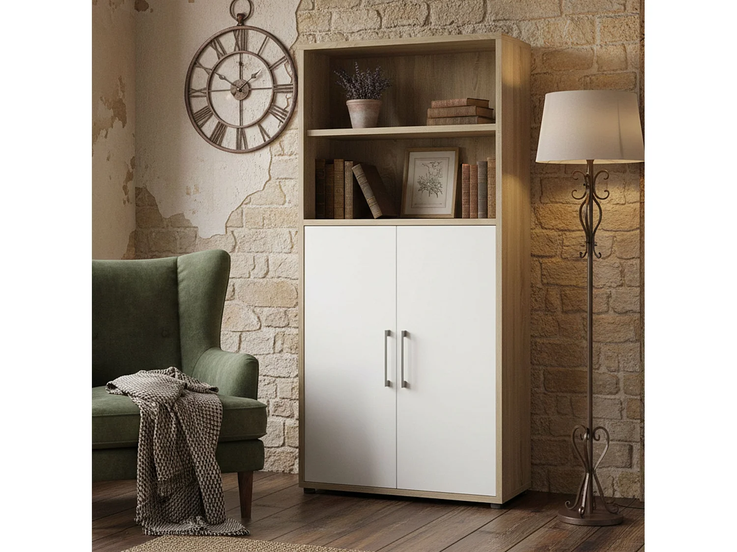 Buffet Saotome, Buffet du salon, Commode de salon, Garde-manger de cuisine, 89x40 h186 cm, Chêne et Blanc