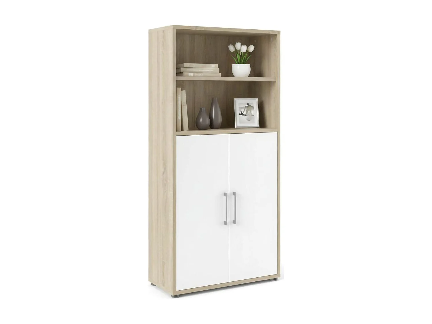 Buffet Saotome, Buffet du salon, Commode de salon, Garde-manger de cuisine, 89x40 h186 cm, Chêne et Blanc