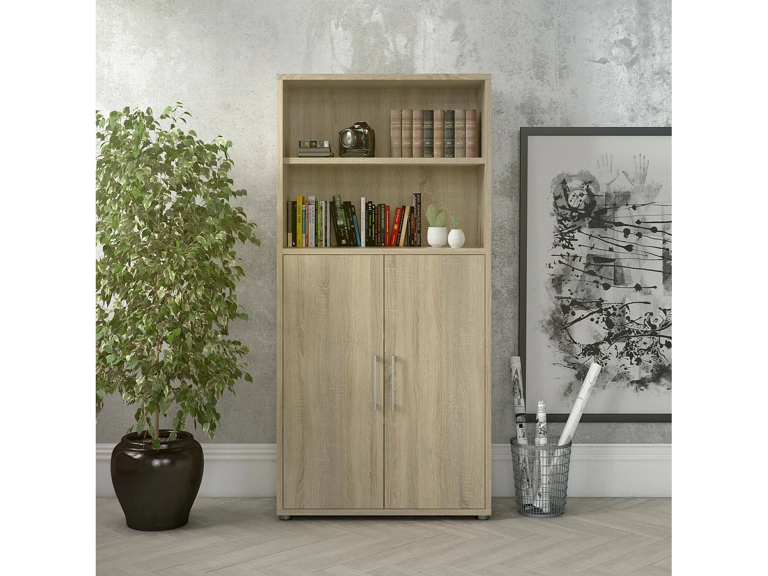 Buffet Saotome, Buffet du salon, Commode de salon, Garde-manger de cuisine, 89x40 h186 cm, Chêne