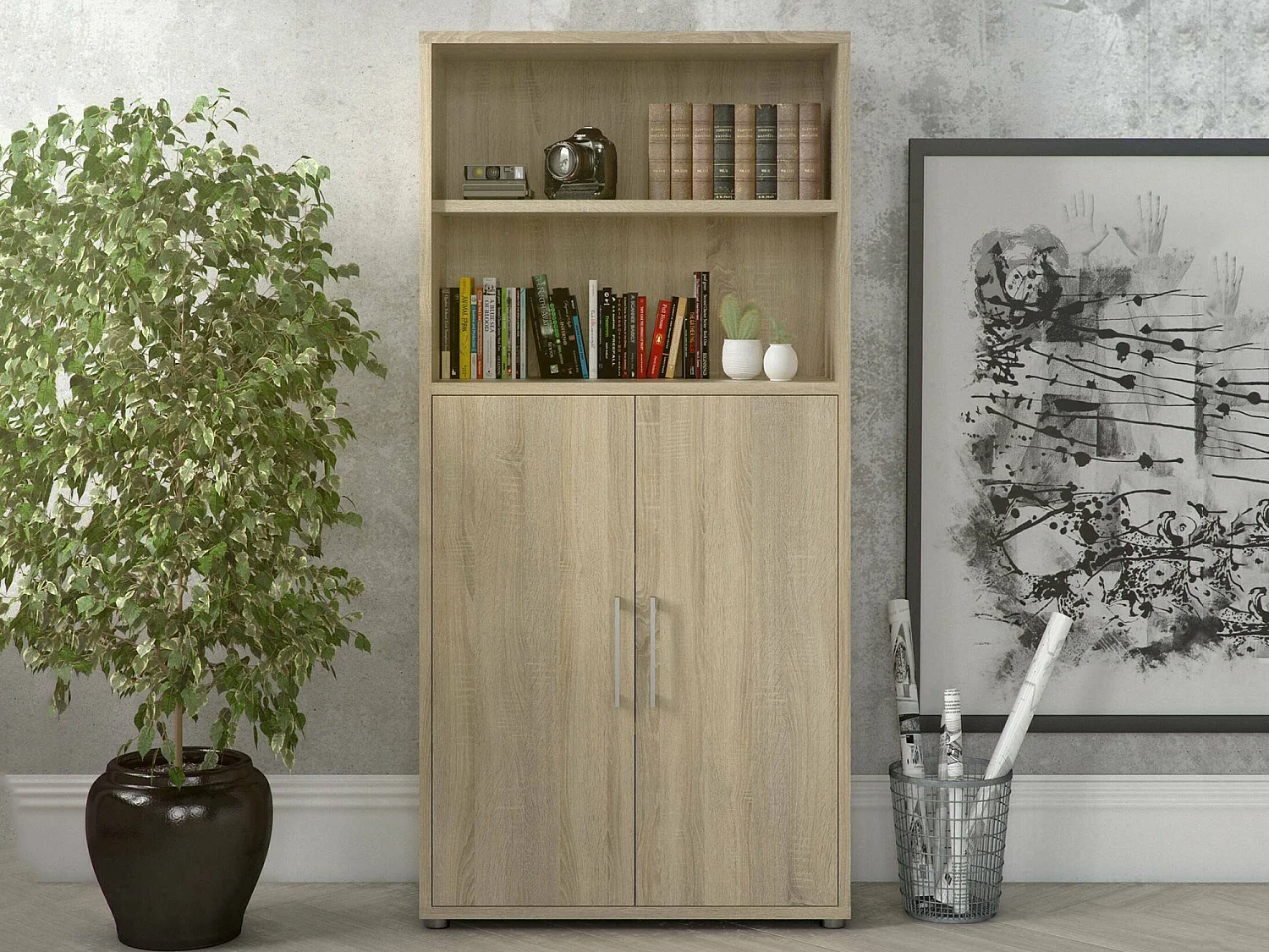 Aparador Saotome, Bufé de salón, Aparador de salón, Despensa de cocina, 89x40 h186 cm, Roble