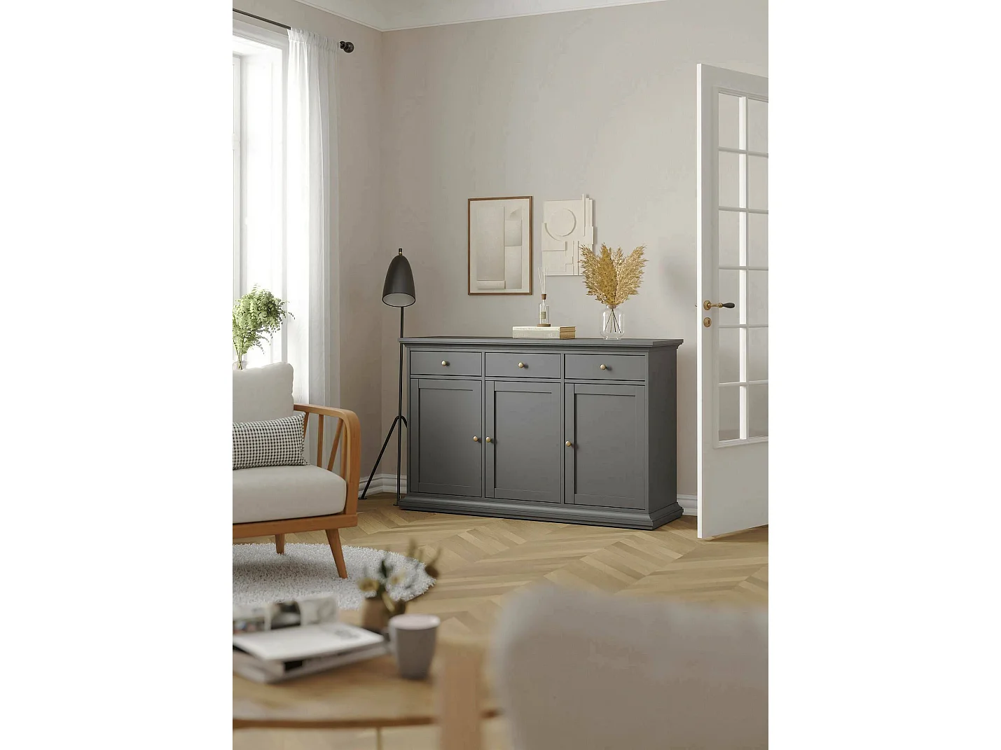 Buffet Asola, Buffet du salon, Commode de salon, Garde-manger de cuisine, 144x46 h92 cm, Gris
