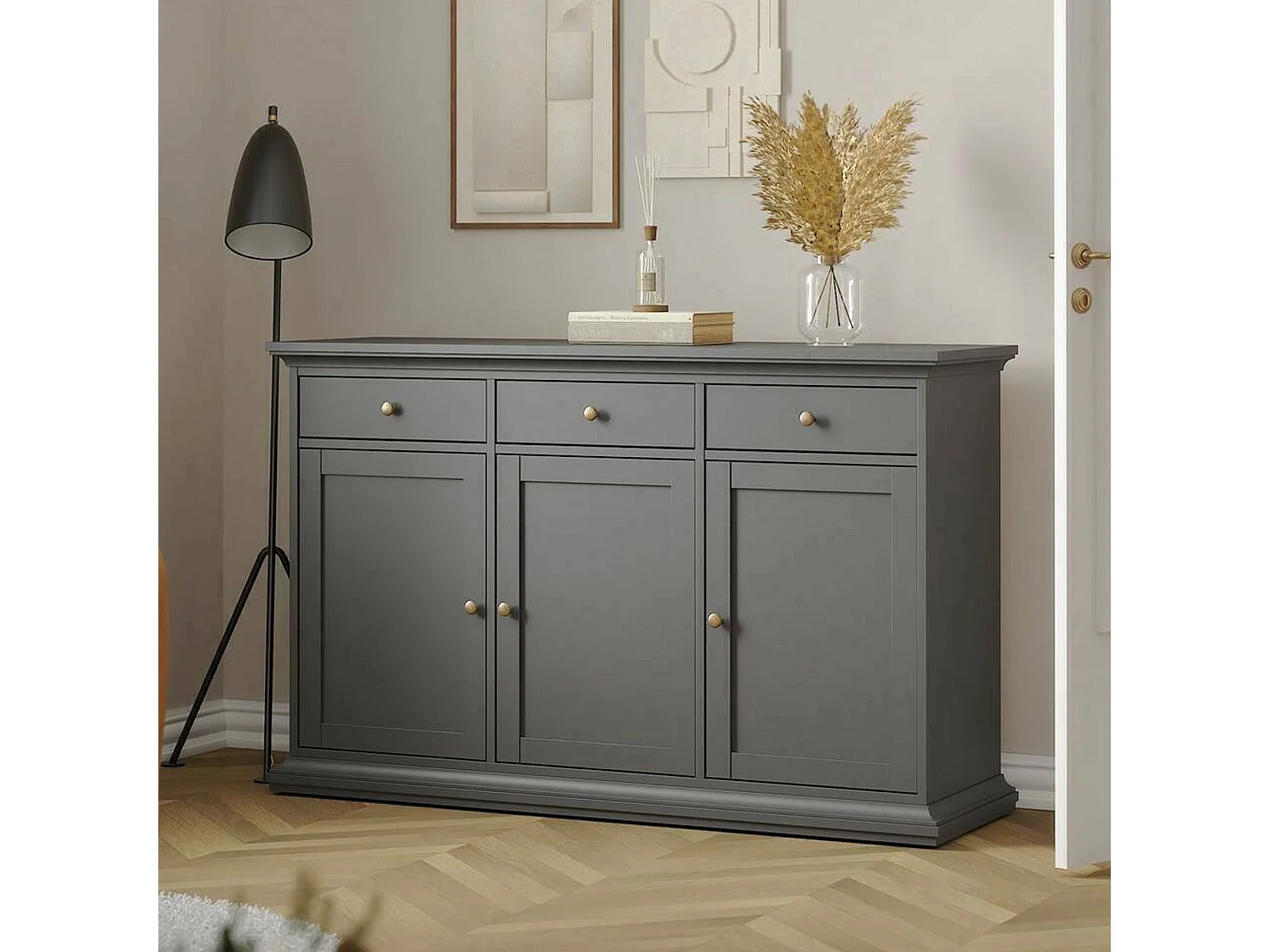 Asola dressoir, Woonkamerbuffet, Woonkamerdressoir, Keukenkast, 144x46 h92 cm, Grijs