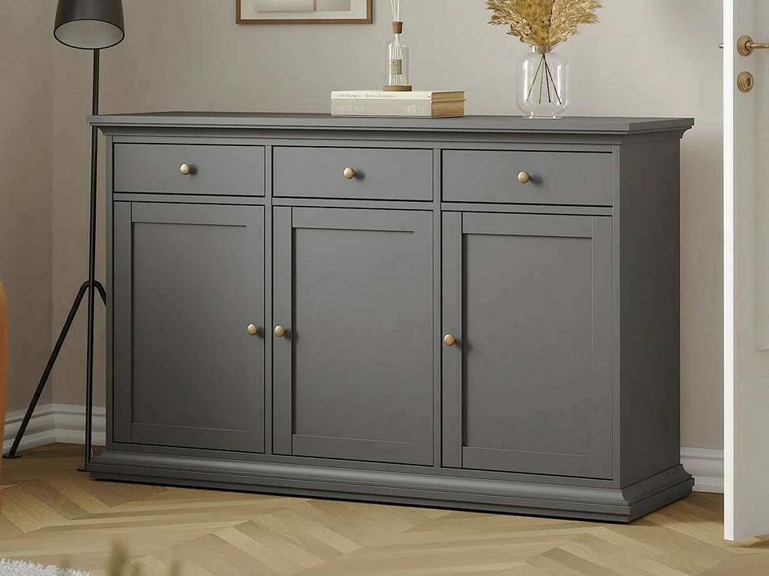 Buffet Asola, Buffet du salon, Commode de salon, Garde-manger de cuisine, 144x46 h92 cm, Gris